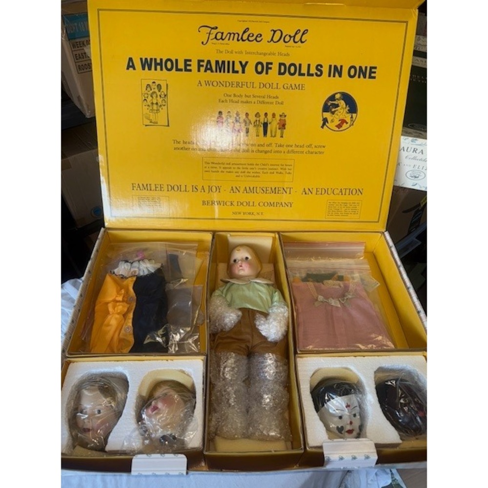 Vtg Repro 1923‎ Famlee Doll Berwick Co w/ Interchangeable Heads & Original Box